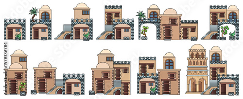 Set of oriental architectural elements in paper cut style. Vector icons of desert houses, domes, stairs and arches isolated on dark blue. Middle eastern building kit.