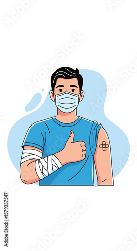 Man with arm cast and bandage after receiving vaccination gives a thumbs up