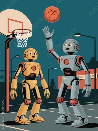 Robots playing basketball on a futuristic court under neon lights, capturing teamwork, competition, digital energy, artificial intelligence synergy, high‑tech sports atmosphere