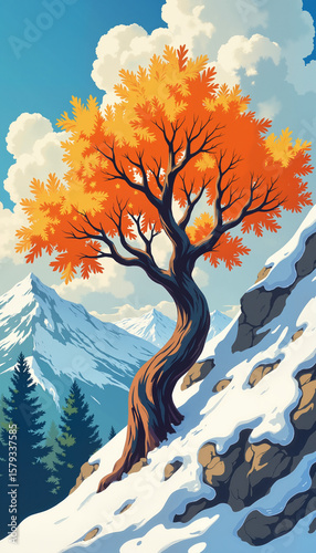 Sturdy tree with vibrant orange leaves standing resilient on snowy slope against mountains with copy space