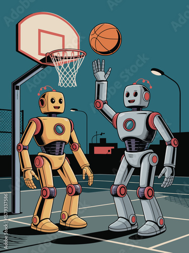 AI humanoid robot executing perfect basketball slam dunk in futuristic arena, showcasing powerful athleticism, seamless AI precision, thrilling motion, dynamic composition, engaging crowd