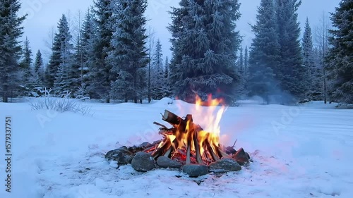 Campfire burning in a snowy forest surrounded by tall pine trees  