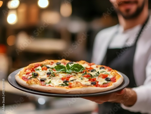 A professional chef serving a pizza in plate at expensive restaurant 