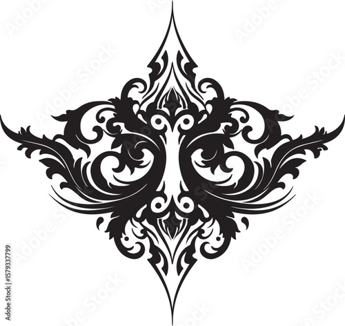 Black ornamental tattoo design, swirling floral vines and leaves, symmetrical structure, decorative tribal flourish, fine line ink work on white background