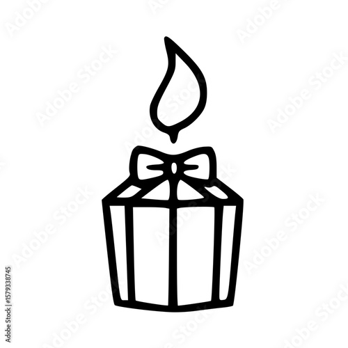 Simple black and white line art illustration of a gift box with a bow and a flame.
