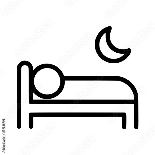 Simple black and white illustration of a person sleeping in a bed under the crescent moon.