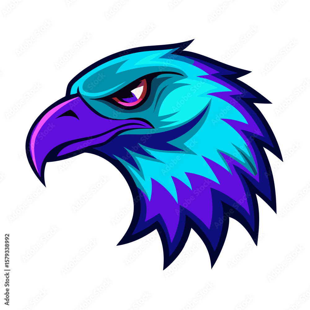 Fototapeta premium Angry Blue Eagle Head Vector, Fierce Bird Mascot Illustration, Colorful Hawk Face Clipart, Wild Predator Logo Art, Modern Falcon Design for Sports or Gaming