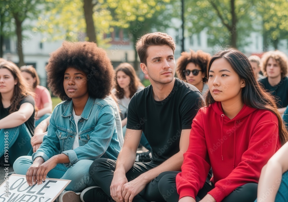 Fototapeta premium Diverse group of young protesters sitting peacefully in park gathering