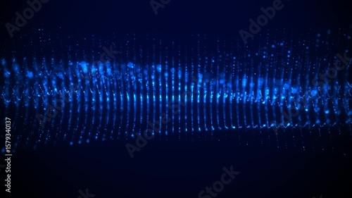 Glowing blue dots forming dynamic wave patterns in a dark space. Futuristic concept of data flow, sound waves, or digital visualization.