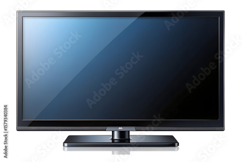 A sleek, modern flatscreen television with a dark, reflective screen sits on its stand, isolated on a transparent background