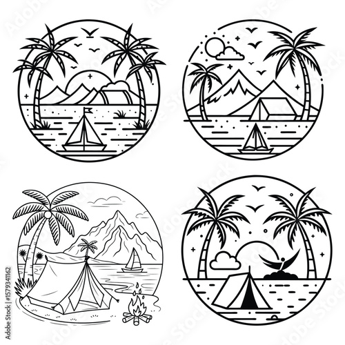Minimal Line Art Tropical Camp Vector Collection