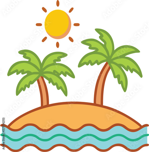 Palm Trees Icon with Tropical Island. Cartoon vector for summer vacation, travel, and beach themes.