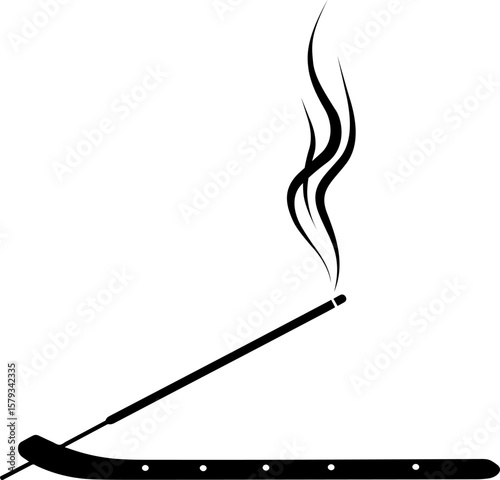 Burning Incense Stick with Holder and Rising Smoke Plumes