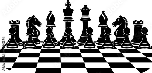 Chess Pieces on Checkered Board: Black and White Strategy Game