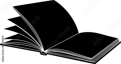 Open Book Silhouette with Turning Pages, Black and White Illustration