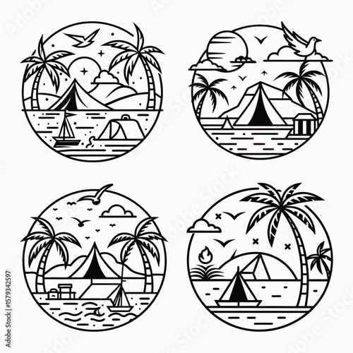 Line Art Travel and Nature Camping Emblem Set