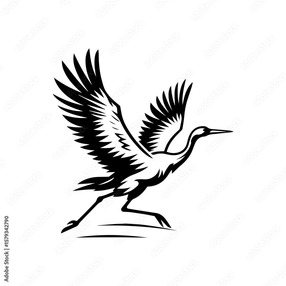 Obraz premium Elegant Black and White Crane in Mid-Flight Wings Spread Wide.