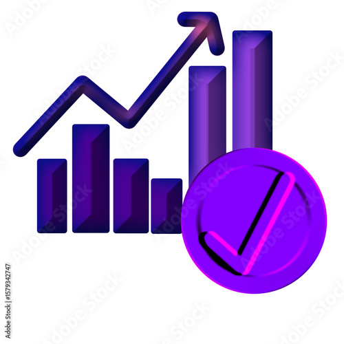3D analytics chart with check mark icon in glowing purple style