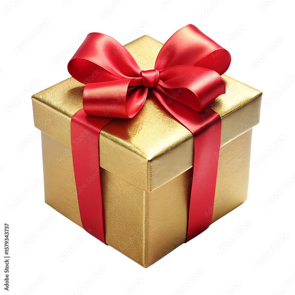 Fototapeta premium A luxurious golden gift box is adorned with a vibrant red ribbon and a perfect bow, isolated on transparent background