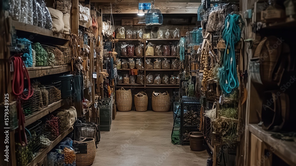 Rustic Storage Room with Shelves Filled with Various Supplies Rustic Storage Room with Shelves Filled with Various Supplies