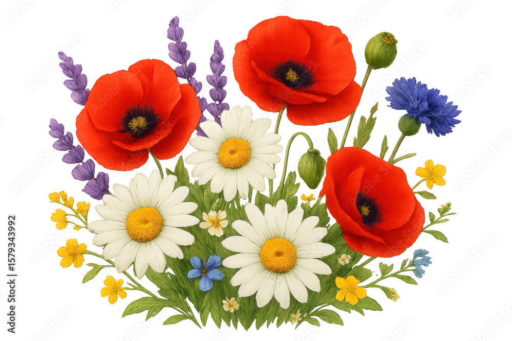 Obraz premium Colorful bouquet of wildflowers including poppies, daisies, lavender and cornflowers blooming on transparent background