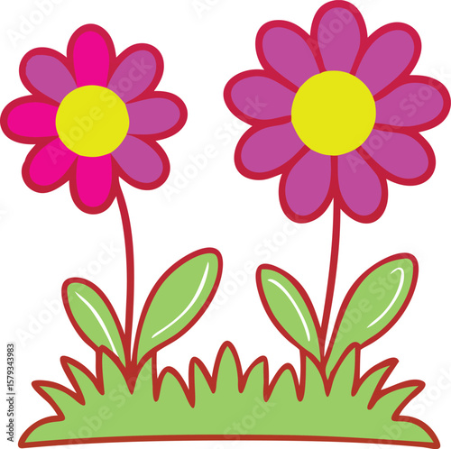 Cute Pink Flowers in Grass. Cartoon vector illustration of spring daisies or cosmos for nature design.