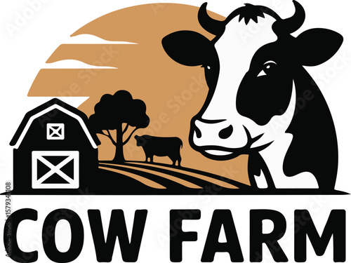 Serene Cow Farm Vector Illustration with Barn, Cow, and Rolling Hills
