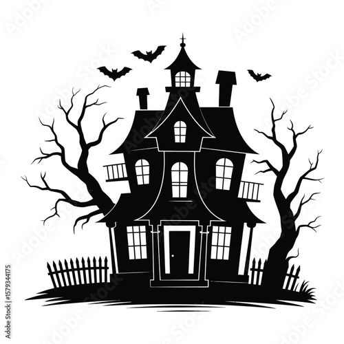  Halloween Haunted House Illustration Featuring Bats, Pumpkins, Ghosts, and Dark Trees Perfect for Party Invitations, Posters, Digital Art, Stickers, and Seasonal Decorations

