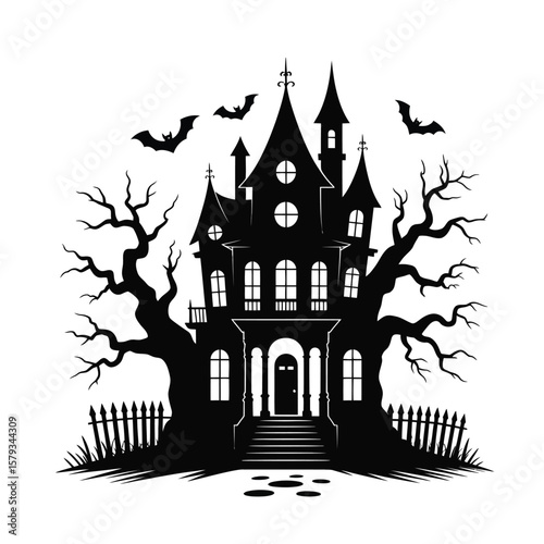  Halloween Haunted House Vector Featuring Glowing Windows, Ghosts, Bare Trees, Flying Bats, and Pumpkins Ideal for Spooky Designs, Party Invitations, and Seasonal Graphics