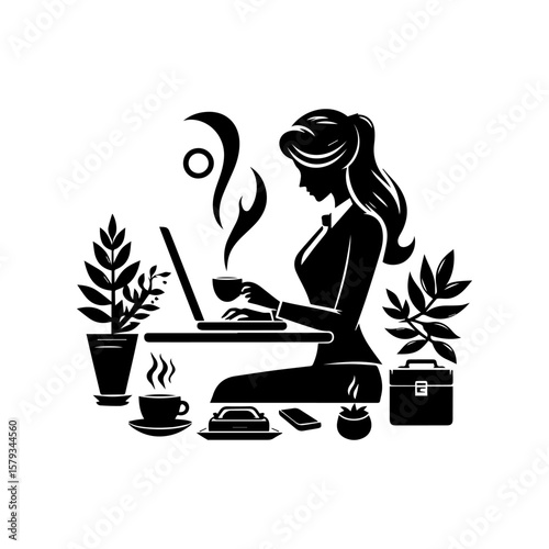 Silhouette of a Woman Working at a Desk with Laptop and Coffee.