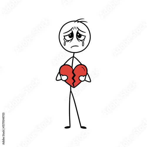 Sad stick figure holding a broken heart with tears on face  