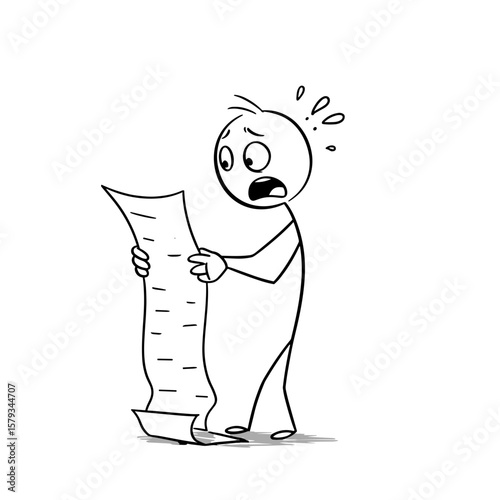 Worried cartoon character looking at long list with anxiety  