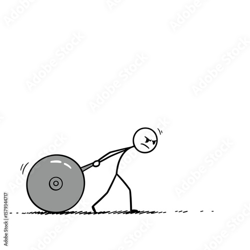 Stick figure struggling to pull heavy wheel on plain background  