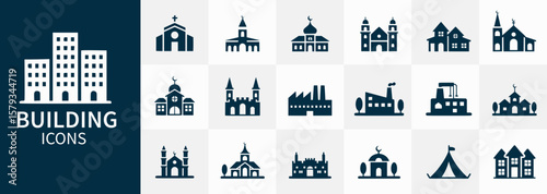 Collection of architectural building icons showcasing diverse structures like churches, mosques, factories, and houses in silhouette style.