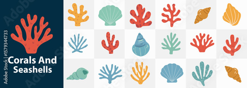 Varied collection of colorful corals and seashells, an underwater ocean life illustration, perfect for beach or summer themed designs.