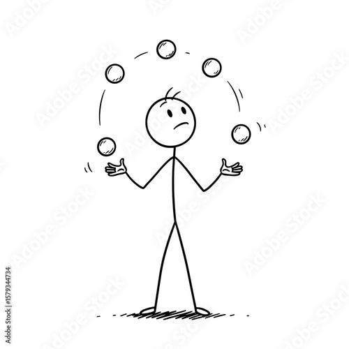Stick figure juggling five balls with a focused expression  