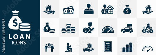 Loan icons illustrate banking, finance, mortgage, and financial concepts with money, homes, and growth symbols.