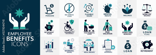 Employee benefits icons representing different programs like pension, health, bonuses, and retirement for worker assistance