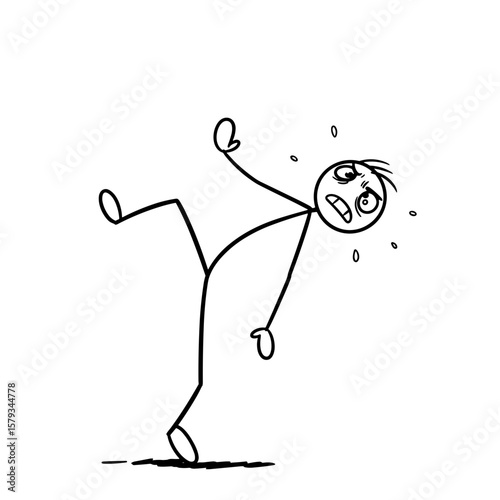 Stick figure slipping and looking surprised on white background  