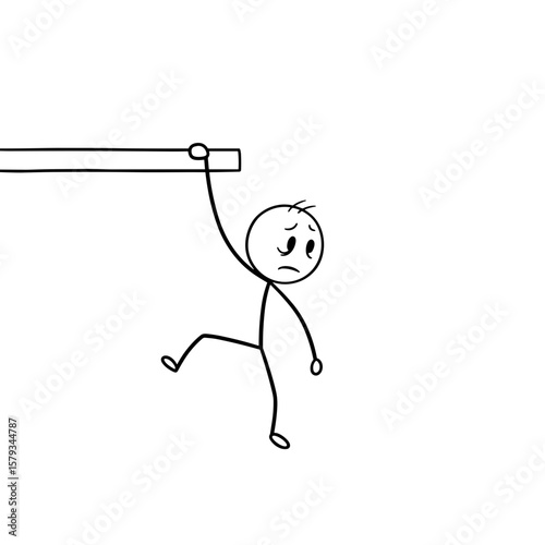 Stick figure hanging on bar with sad expression in simple style  