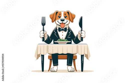 A dog wearing a bow tie, sitting at a dinner table, holding a fork, flat vector art, white background