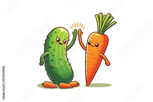 A pickle trying to high-five a carrot, flat vector design, white background