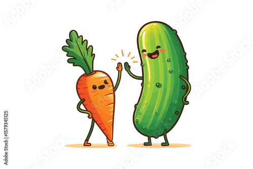A pickle trying to high-five a carrot, flat vector design, white background
