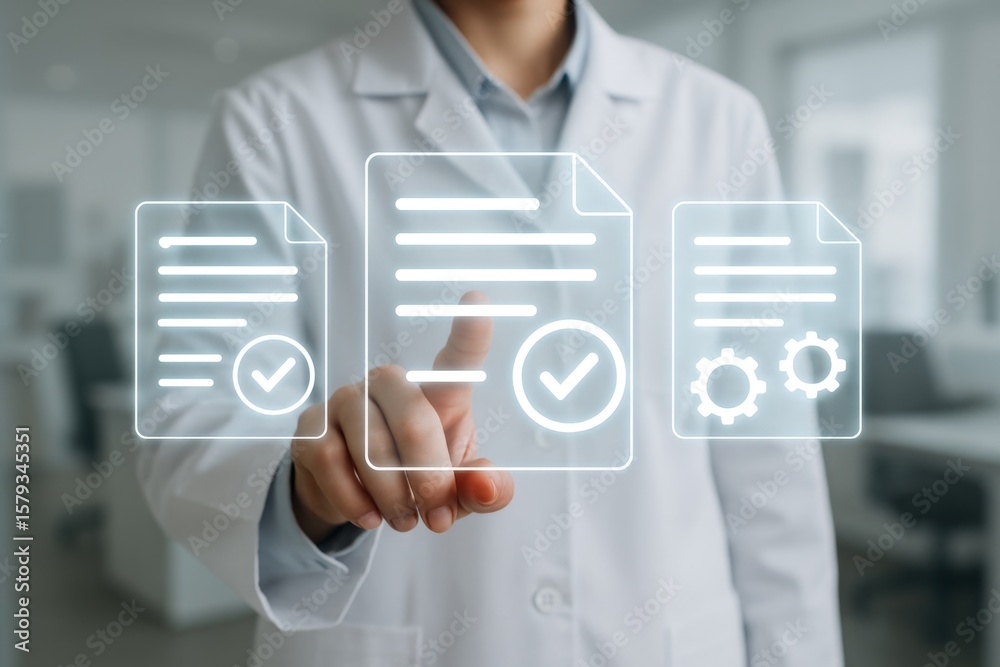 Holographic document interface with checkmarks and gears used by professional in clinical or corporate environment Holographic document interface with checkmarks and gears used by professional in clinical or corporate environment