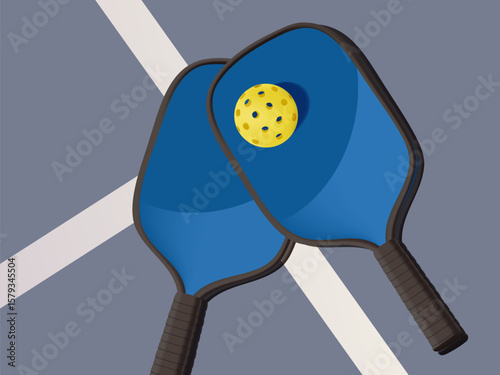 Tennis racket and balls on court 3D illustration in realistic cartoon style for banner. Tennis classes or tournament