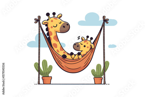 A giraffe trying to fit into a tiny hammock, flat vector design, white background