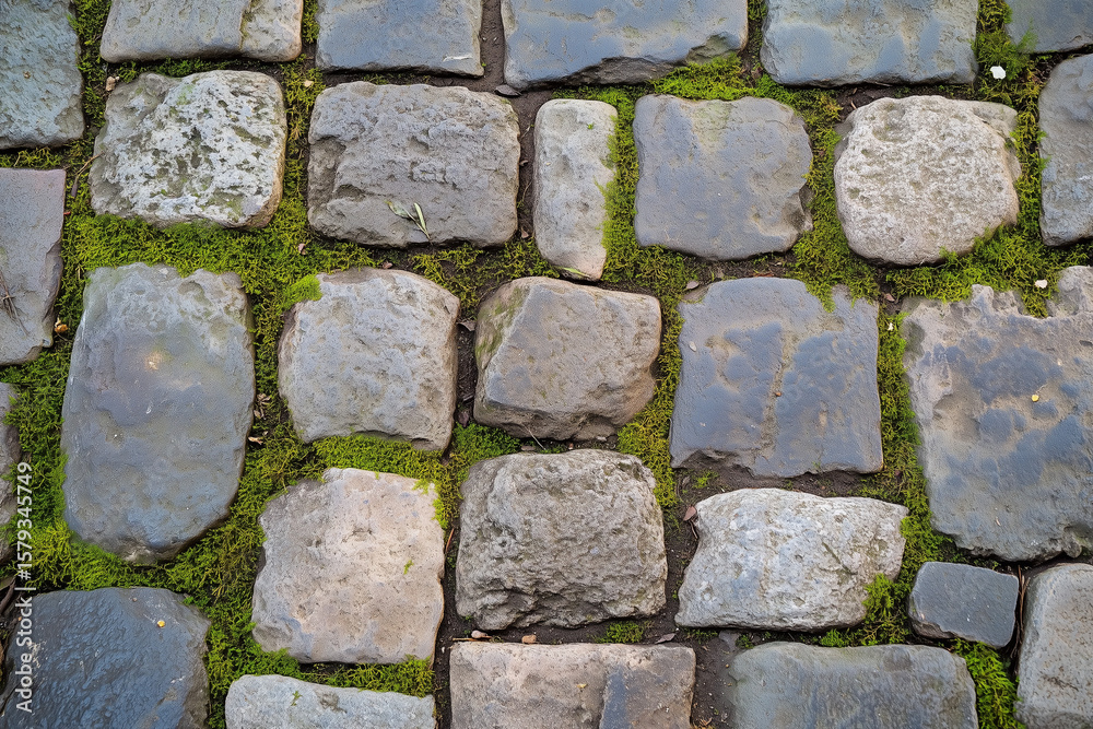 Obraz premium Detailed close-up of a weathered cobblestone street with green moss growing between the stones. The aged surface and natural texture convey a sense of history, nostalgia, and timeless urban charm. Ide