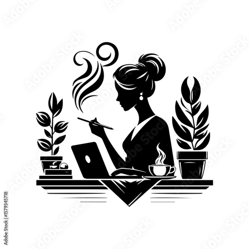 Silhouette of a woman working on a laptop with coffee and plants.