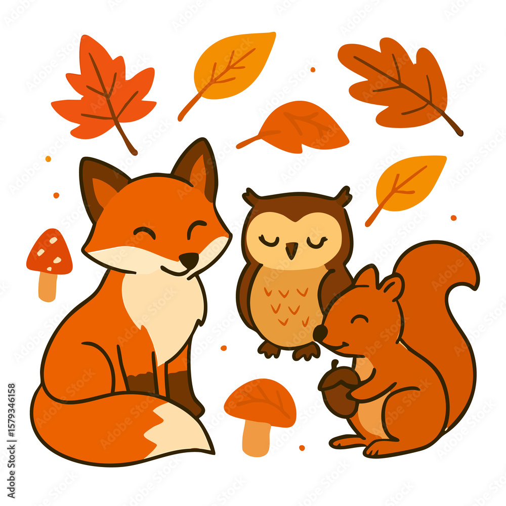 Fototapeta premium Funny Cartoon Foxes and Forest Animal Set Illustration