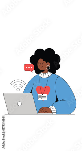 Digital communication expert analyzing data on laptop with chat icon